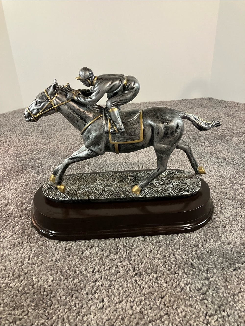 Silverstone Resin Jockey On Horse with Veneer Base 9”x 5”x 9”